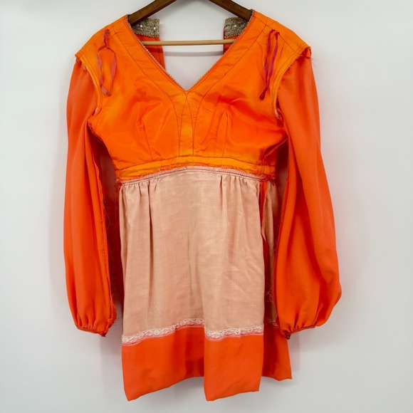 Vintage 60s Coral Highlighter Neon Babydoll Mini Dress Gold White Woven Trim - Picture 3 of 15